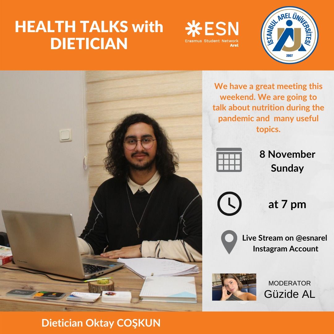 ESNArel's tweet photo. Oktay Coşkun will be our guest for Health and Well-Being Week ✨ We are going to talk about the Pandemic’s effect on our lives and eating habits; so, If you have any questions we would like to have you on our Instagram live 🙏🏼💛
#HealthandWellBeingWeek #ESNTurkey #UnderTheWings https://t.co/YDRixodc72
