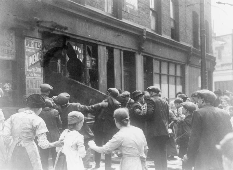 These riots involved enormous crowds of people and frequently left the police powerless to prevent looting as they were overwhelmed by the scale of violence.Video footage on Pathé:  https://www.britishpathe.com/video/anti-german-riots(13)