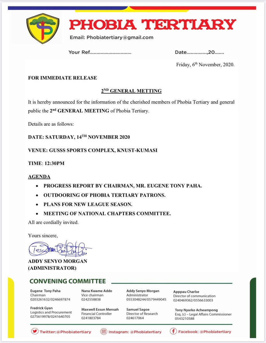 PhobiaTertiary's tweet photo. FYI! NOTICE OF 2ND GENERAL MEETING of Phobia Tertiary @ GUSSS SPORTS COMPLEX, KNUST - KUMASI on Saturday 14th November 2020, 12:30pm. Kindly take note! @JoySportsGH @Saddick_Adams @garyalsmith @amoroso_junior @nanacartel_bird @GrasagN  @bethefrank @King__Eben @the_law_himself https://t.co/yEY35CHuCv