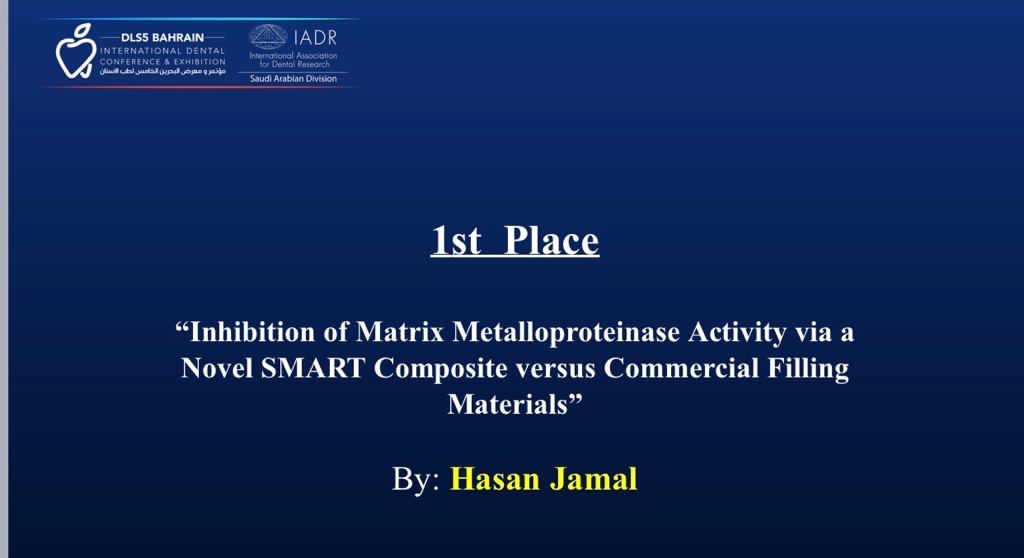 IadrSaudi's tweet photo. Winners in Poster Virtual Meeting
DLS Bahrain
International Dental Conference & Exhibition in Collaboration with #IADRSaud
📌1st Place
Inhibition of Matrix Metalloproteinase Activity via a Novel SMART Composite versus Commercial Filling Materials
By: Hasan Jamal https://t.co/NI53SPNET8