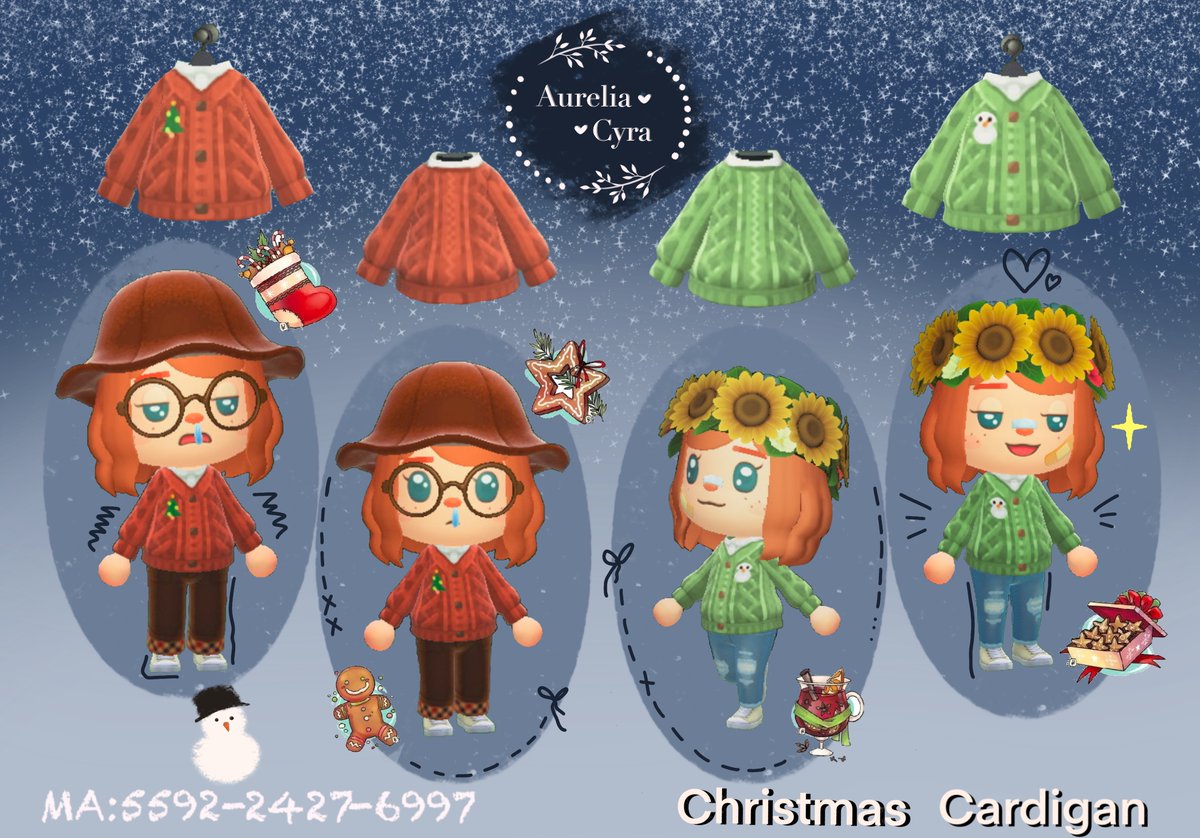 AureliaCyra's tweet photo. Isabelle`s Cardigan Christmas Edition 🎄

Hey guys new Cardigans will be out for the evening ;3 have cozy and warm moments with them ☃️
#aureliacyradesigns
#AnimalCrossingNewHorizons #ACNHDesign 
Inspired by Isabelle Cardigan <3 https://t.co/lKoKFPcC3u