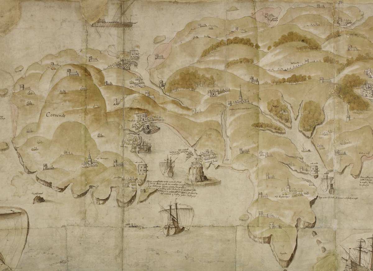 A fascinating ten-foot-long map of the south-west coast of England from Exeter to Lands End, dated 1539-40; I could zoom in and out of this all day! For a zoomable version, see  https://images.iiifhosting.com/iiif/54b2fd5df4cd734306d5fcef8deee37f80602f08a65533088090177939d9745b/ The extracts used here include Mount's Bay, St Ives, Phillack & Lostwithiel.
