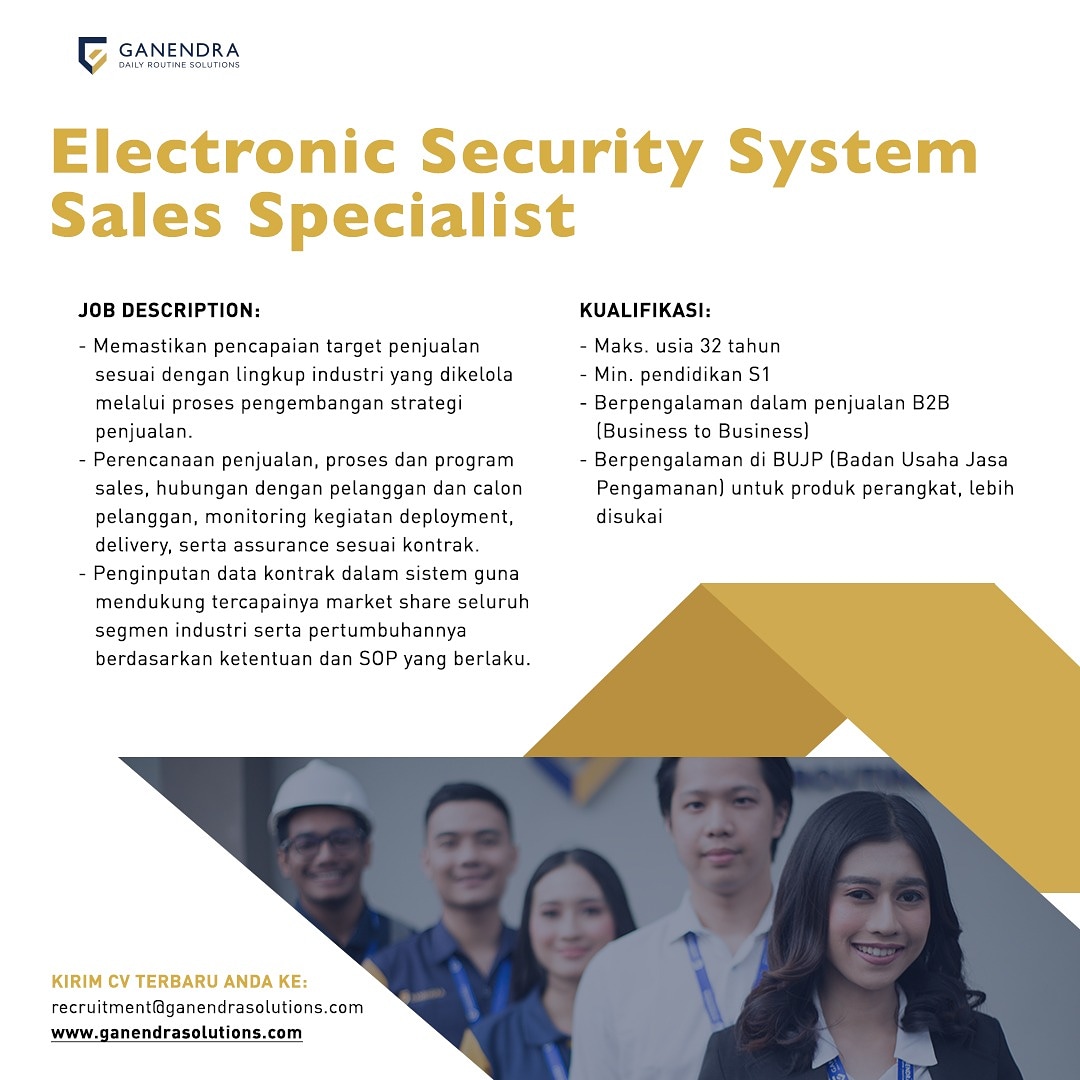 GanendraSolusi's tweet photo. Klien kami, perusahaan Badan Usaha Jasa Pengamanan, membuka peluang untuk posisi Sales Specialist untuk Electronic Security System. Hubungi bagian rekrutmen Ganendra Solutions jika Anda berminat.
#LowonganKerja #Loker #bujp #salesspecialist https://t.co/Qhcbmm7U7b