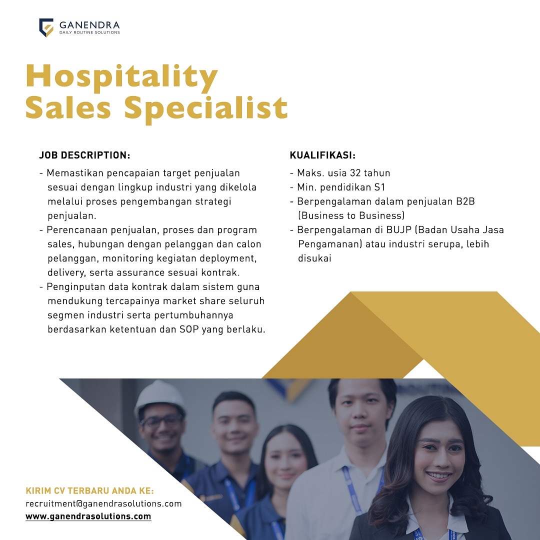 GanendraSolusi's tweet photo. Klien kami, perusahaan Badan Usaha Jasa Pengamanan, membuka peluang untuk posisi Sales Specialist untuk klien Hospitality. Hubungi bagian rekrutmen Ganendra Solutions jika Anda berminat.
#LowonganKerja #Loker #bujp #salesspecialist https://t.co/Mfn2gz0saQ