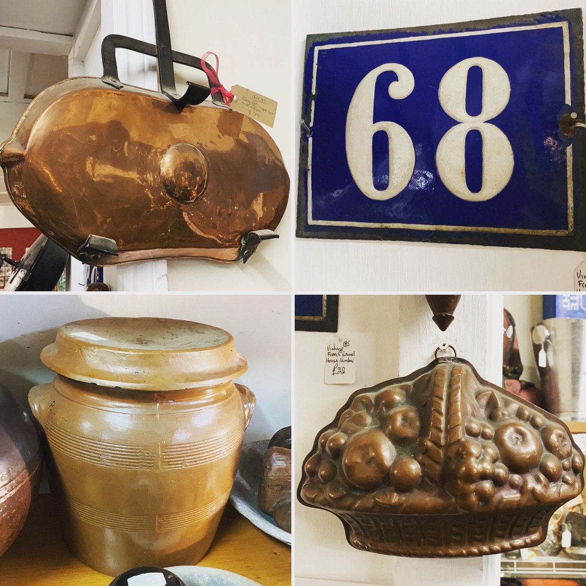 astraantiques's tweet photo. Lots of European kitchenalia for you! #enamelhousenumbers #stonware #chocolatemoulds #copperpans #kitchenalia #rustickitchen #astraantiquescentre #hemswell #lincolnshire https://t.co/ADQ34mLYo1