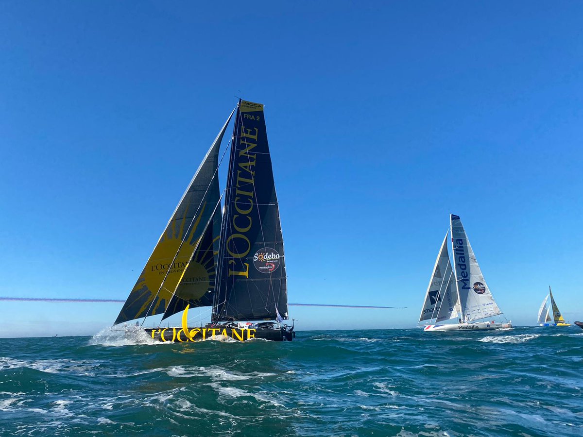 ArmelTriponSkip's tweet photo. Magnifique départ du @VendeeGlobe avec la patrouille de France ! 
#LOccitaneSailingTeam #NotJustABrand #VG2020 #VendeeGlobe https://t.co/z4W4FUmnrq