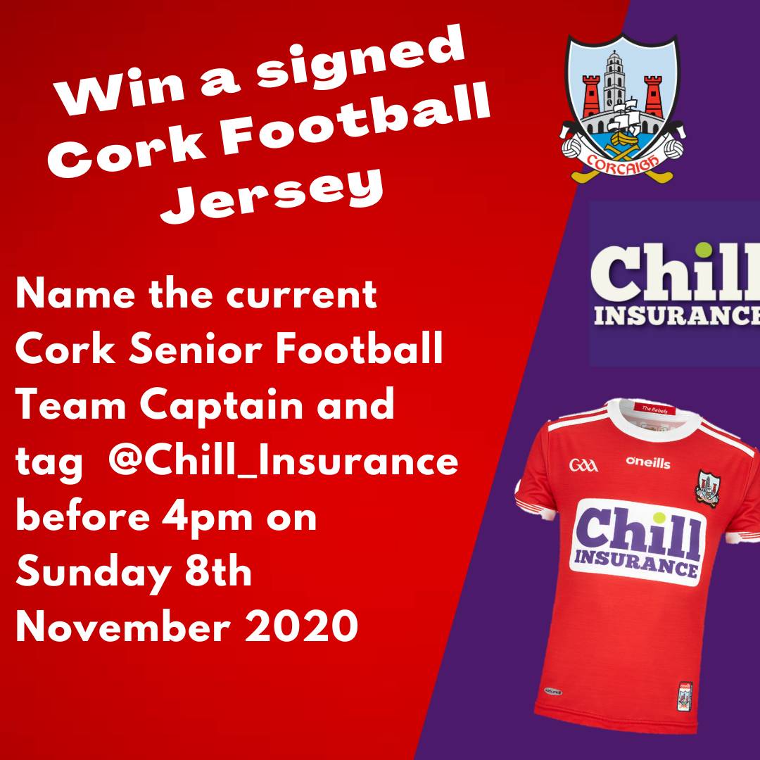 OfficialCorkGAA's tweet photo. Win a signed Cork Senior Football Jersey. 

All you need to do is answer one question and tag @Chill_Insurance with your answer. 

Question. 

Name the current Cork Senior Football Captain https://t.co/C9gIoxaOMF