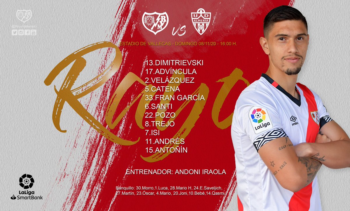 RayoVallecano's tweet photo. ⚡Once del Rayo Vallecano elegido por Andoni Iraola para enfrentarse a la @U_D_Almeria.
#RayoAlmería #VamosRayo https://t.co/YSdnMbsrUw