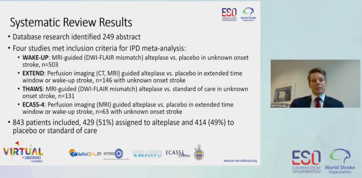 WorldStrokeEd's tweet photo. 👉 #Thrombolysis in Unknown Onset #stroke guided by advanced imaging - #metaanalysis presented by #GoetzThomalla 

249 abstracts, 4 studies &amp; n=843 patients included 
Baseline data: balanced ✅ 

Primary Outcome: 8% favorable outcome at 90 days in alteplase group. 

#ESOWSO2020 https://t.co/cPs9nSw0O0