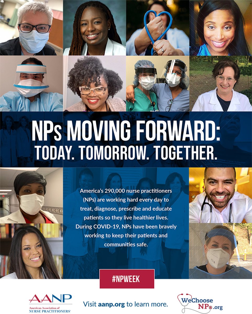 PresidentAANP's tweet photo. For 50+ years, NPs have championed the needs of patients. Today, we're combating #COVID19 &amp; working community by community to break down barriers that reinforce inequalities &amp; to end institutional racism that impacts our patients &amp; nation. #NPWeek #NPsLead https://t.co/HyKKfQQ6Lz https://t.co/5xX9yhvLwB
