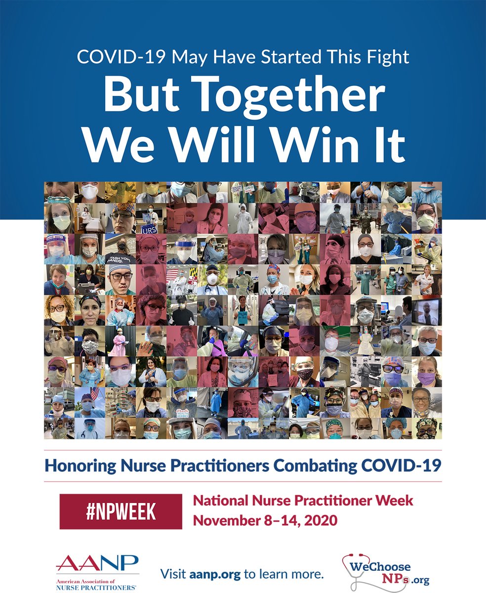 PresidentAANP's tweet photo. For 50+ years, NPs have championed the needs of patients. Today, we're combating #COVID19 &amp; working community by community to break down barriers that reinforce inequalities &amp; to end institutional racism that impacts our patients &amp; nation. #NPWeek #NPsLead https://t.co/HyKKfQQ6Lz https://t.co/5xX9yhvLwB