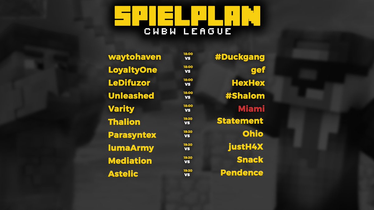⚔️ 12. SPIELTAG ⚔️

Ihr könnt auf das Ergebnis eines Clanwars tippen, indem ihr den #Clannamen des Winners schreibt. Derjenige mit den meisten richtigen Ergebnissen gewinnt am Ende 2 Monate Supremium. Den Ausgang der Clanwars findet ihr auf cwbwleague.de.