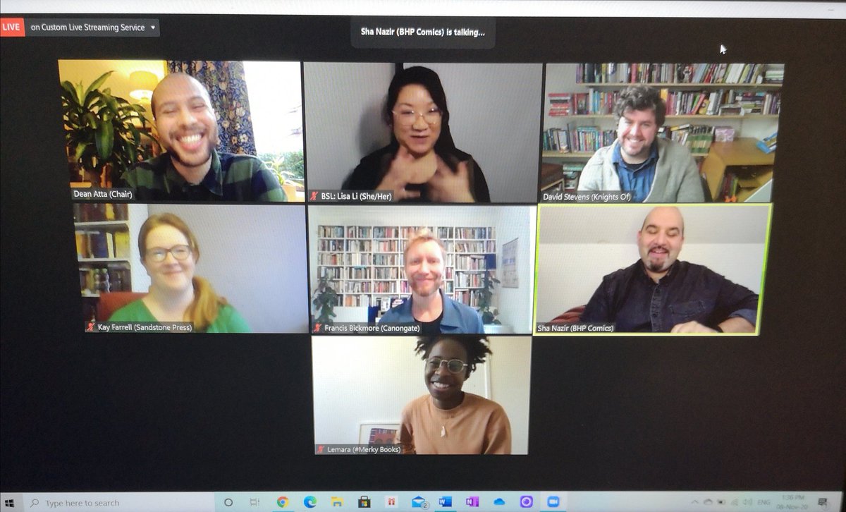 JedaPearl's tweet photo. Brilliant conversation on our last @ScotBAMEwriters panel with @Sha_Nazir @BHP_Comics, @lemelp @MerkyBooks, @k_a_farrell @sandstonepress, Francis @Kinhead @canongatebooks and @_DavidStevens @BooksRound @_KnightsOf, chaired by @DeanAtta. Its getting real π π₯ #SBWNCon2020 https://t.co/awSKZEawaC
