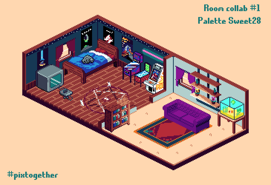 Pix2getherEvent's tweet photo. Nouvelle collab ! Nos merveilleux pixelliseurs devaient créer des éléments en isométrique pour meubler une pièce vide et voici le résultat !

Participer sur discord : https://t.co/XHCIHT2GVA

#pixtogether #isometric #pixelart #sweet28 https://t.co/YoA7psS6t2