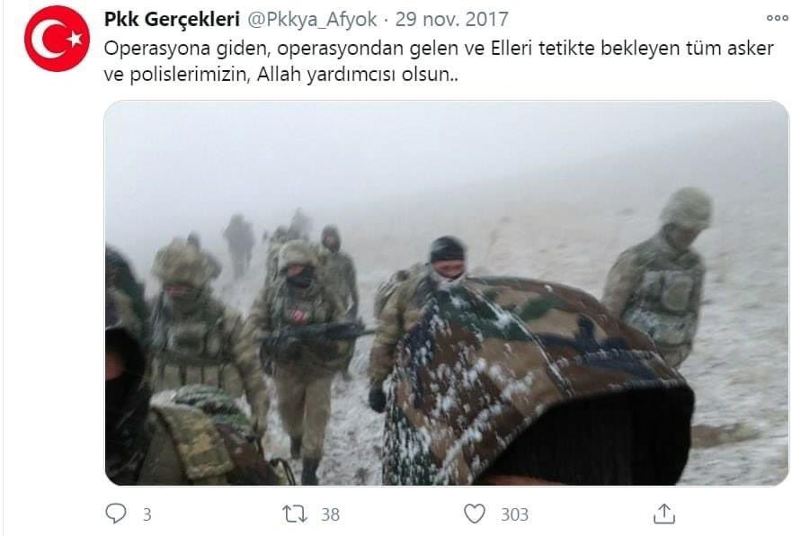 armnerssis's tweet photo. Yet another falsehood of AZE titled “We thank the Azerbaijani soldiers in Shushi”.
Well, let me tell you something:
1) it’s not snowing in #Shushi right now,
2) these are Turkish, not Azerbaijani soldiers,
3) the photo was taken back in 2017 during an operation against the PKK. https://t.co/Avgo3pEj0x