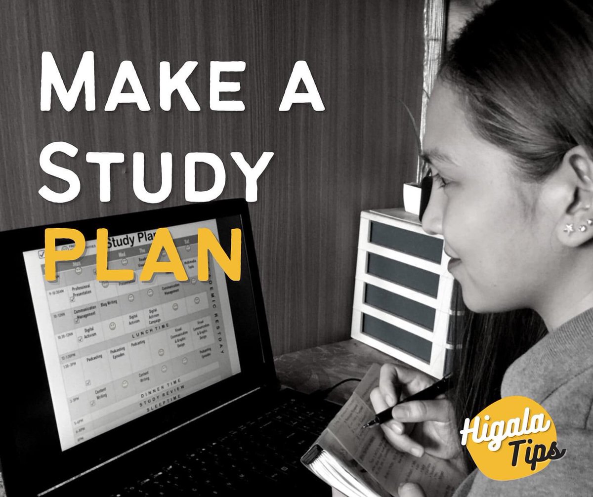 KoleHigalaCDO's tweet photo. Higala Tip #1 

Make a Study Plan. Before you start your week, make sure to have a list of your tasks to be accomplished for the week. Organize your schedules in order to prevent digital stress and be more productive. 

#Kolehigala 
#PadayunTa 
#StressNoMore https://t.co/PXDRUkSHCX