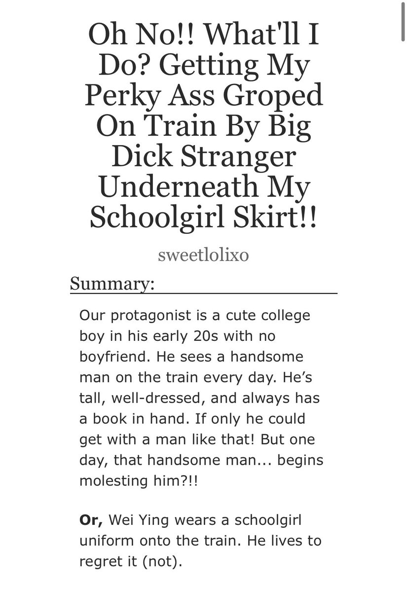 sweetlolixo's tweet photo. Oh No!! What'll I Do? Getting My Perky Ass Groped On The Train By Big Dick Stranger Underneath My Schoolgirl Skirt!!
🚃wangxian
🚃12k, Explicit
🚃weiying gets groped on the train by lwj in a schoolgirl outfit, that’s it that’s the fic
🚃 https://t.co/1DuX3icQWp

#DarkLZWeek20 https://t.co/oHnOWnOLfH