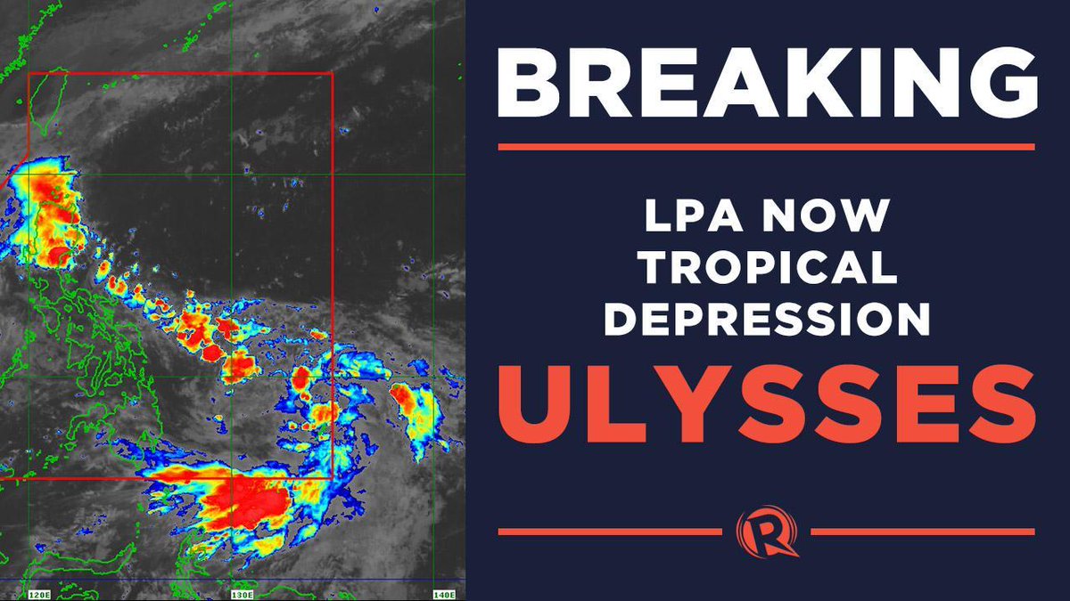 rapplerdotcom's tweet photo. BREAKING: PAGASA says the LPA east of Mindanao developed into a tropical depression at 8 pm on Sunday, November 8, 2020. 

Named Ulysses, it joins Tonyo inside PAR. #WeatherAlert #UlyssesPH https://t.co/UykHNbOLyp https://t.co/OMeILIwhTa