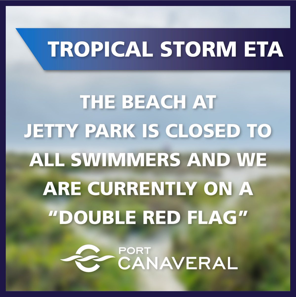 PortCanaveral's tweet photo. Tropical Storm Eta 🚩The Beach at Jetty Park is closed to all swimmers and we are currently on a “Double Red Flag” (water is closed to public due to hazardous water conditions)
.
#tropicalstormeta #jettyparkbeach #doubleredflag #stormupdate https://t.co/z7ox8qbMVW