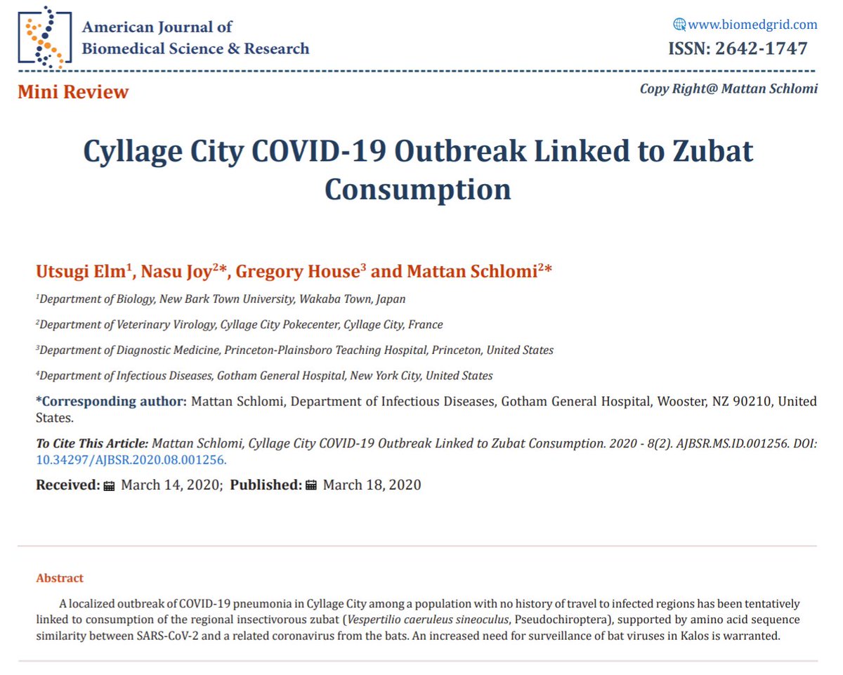 f_ferraro's tweet photo. Paper published in predatory journal on Pokemon causing Covid-19. among the authors various other Pokemons and Dr. House! 😂Opinion: Using Pokémon to Detect Scientific Misinformation https://t.co/5nVNNxohNU https://t.co/WSvsjZIvES