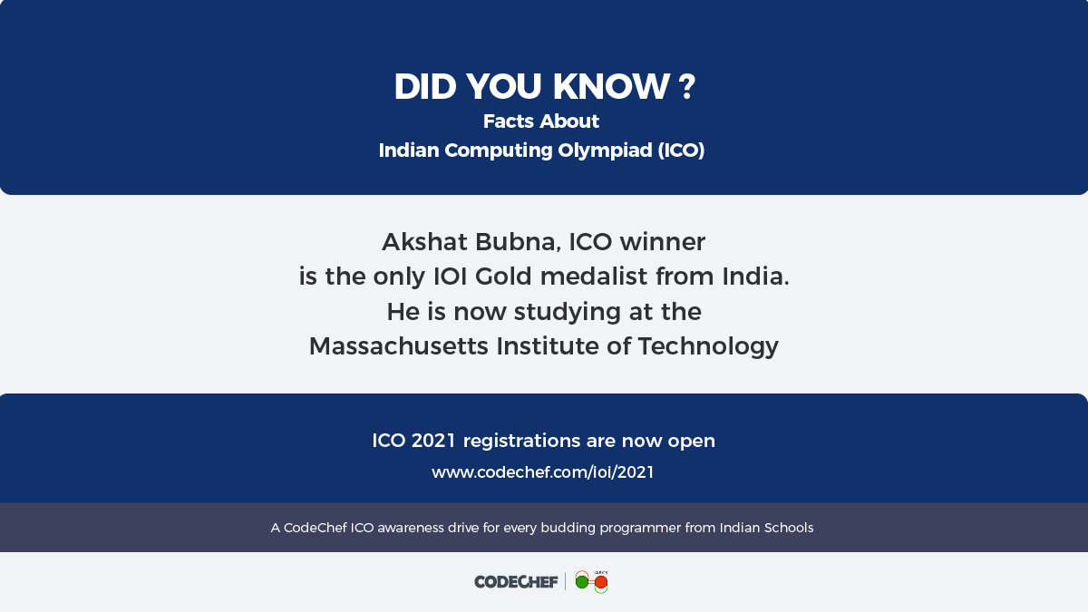 codechef's tweet photo. To register for ICO 2021, click here: https://t.co/n4gptw38Hf
Spread the word - Please reshare to make all Indian school students, school authorities and parents aware of ICO 2021.
#GoForGold #CodeChef #programming #CodeChefForSchools https://t.co/dvnSOzS2vj