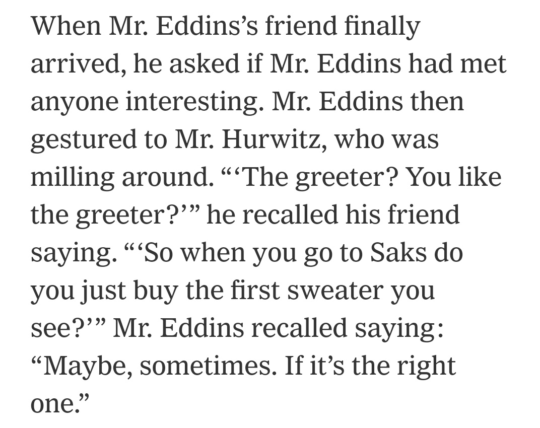 I suppose if you are the sort of person who has an analogy ready to go when your friend falls for a greeter, it's not surprising that it would be about Saks.