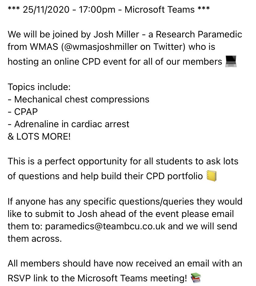ParaSocBCU's tweet photo. *** 25/11/2020 - 17:00pm - Microsoft Teams *** 

We will be joined by @wmasjoshmiller who is hosting an online CPD event for all of our members 💻

This is a perfect opportunity for all students to ask lots of questions and help build their CPD portfolio 📒 https://t.co/e5zWz8udIb