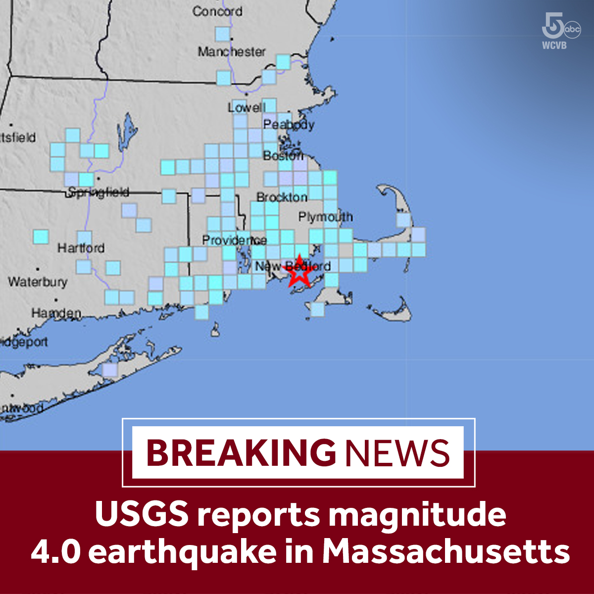 WCVB's tweet photo. USGS revises earthquake strength to 4.0, was centered south of New Bedford - just east of Horseneck Beach -- in Buzzards Bay. #Breaking https://t.co/KqnejL2kCQ
