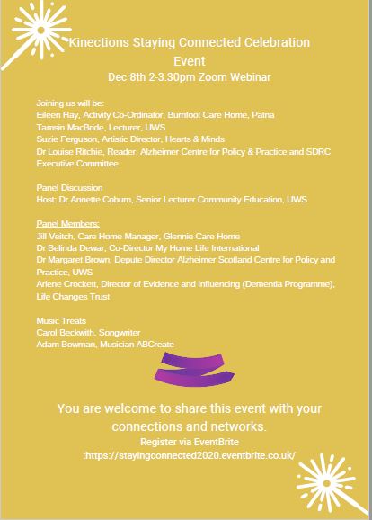KinectionsEA's tweet photo. Interested in coming to our Staying Connected Final Celebration Event- details in poster below about who will be joining us on the day. Registration is via Eventbrite https://t.co/vG0b7x9YeO. For more information email: KinectionsEA@uws.ac.uk
@annawaugh1 @annettecoburn59 https://t.co/yjwwvXAFyc