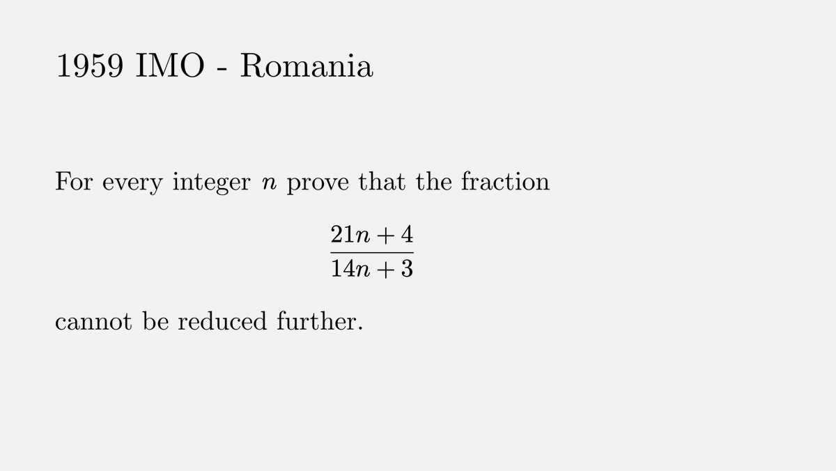 Here's an example of a problem from the first International Mathematics Olympiad (IMO) whose solution is accessible to anyone with basic understanding of math. The solution fits in a single tweet.