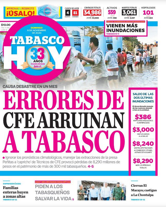 TabascoHOY's tweet photo. #PortadaTH🗞 | Malos cálculos para el desfogue de la presa Peñitas de sus técnicos, a inicios de octubre pasado y ahora en noviembre, ocasionaron afectaciones a más de 300 mil familias. https://t.co/JJ3tmpIUc3