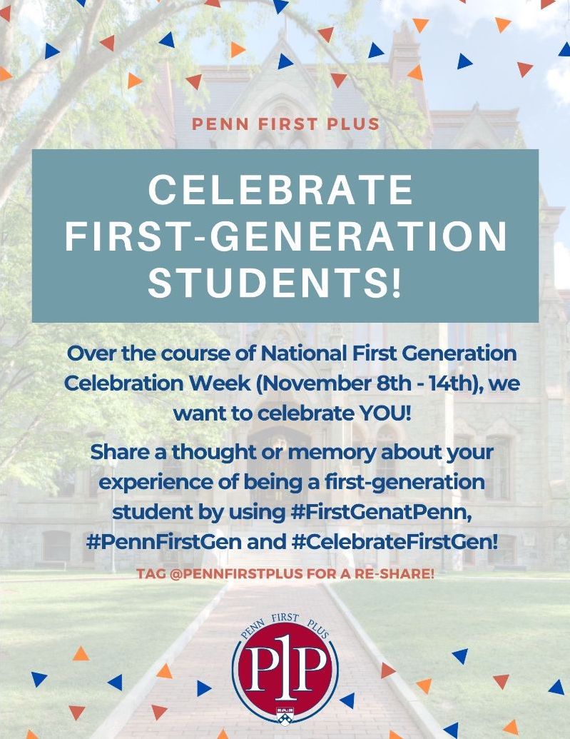PennSRFS's tweet photo. Join @pennfirstplus and the Penn Community for National First-Generation Celebration Week 🎊 We at SRFS are especially proud of our First Gen students! Join us in the celebration by sharing your experience using the tags #CelebrateFirstGen #FirstGenatPenn #PennFirstGen https://t.co/Xt7tQtrunD
