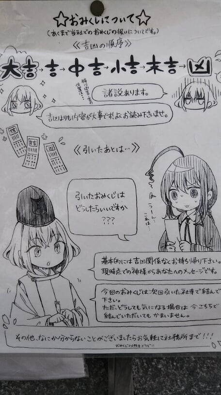まとめるのに時間がかかってしまいましたが、実は大阪の後、限定公開中の刀達に会いに京都にも足を延ばしていました!
豊国神社では骨喰くんの写しが公開中です。
おお、社務所前に飾ってあるおみくじの説明…絵心のある審神者さんがいらっしゃる…!
折角なので引きました!…小吉でした!…微妙!