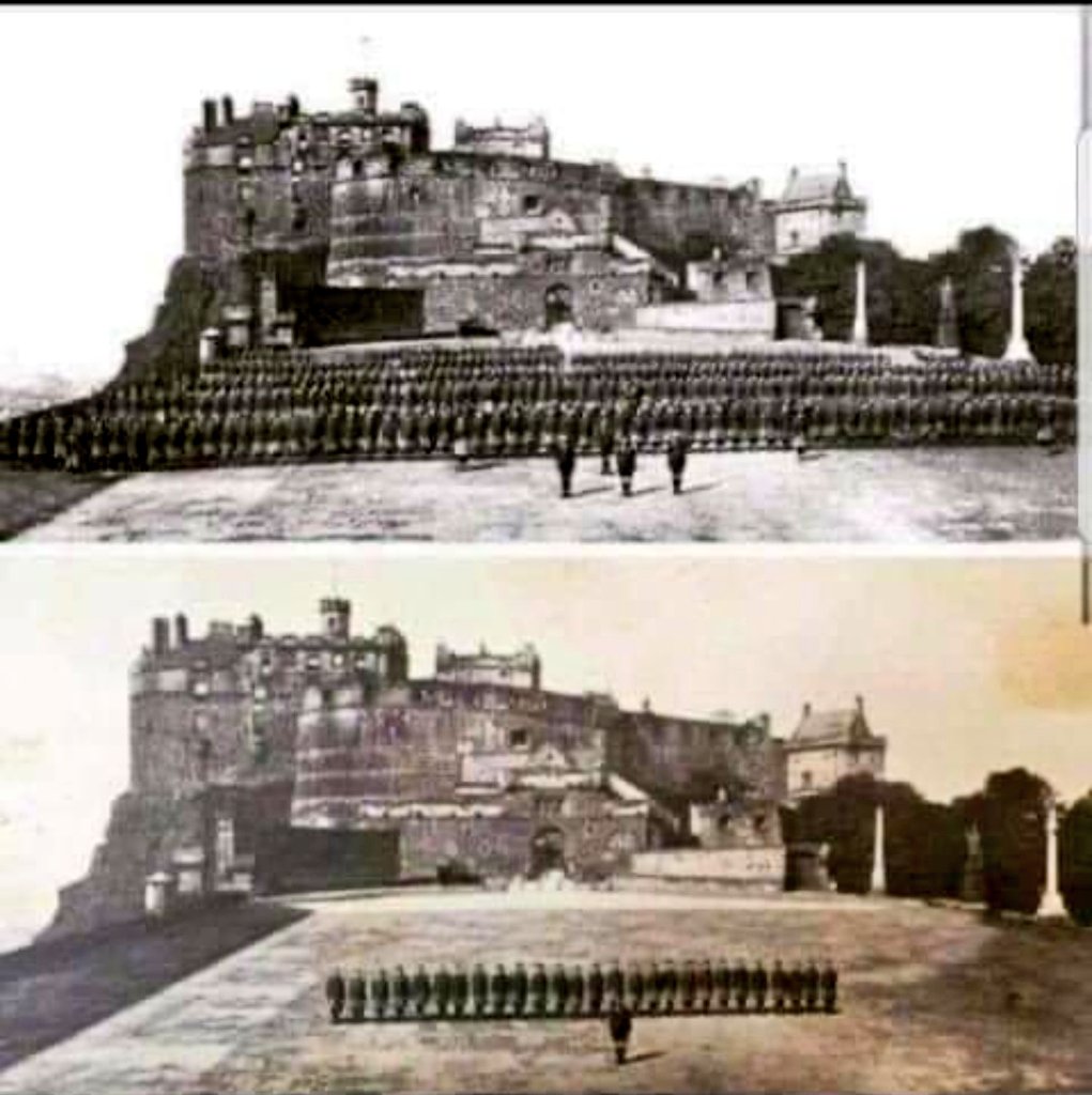 The top picture is of the Cameron Highlanders taken on the esplanade of Edinburgh castle in 1914 before they went to fight in France.
The bottom picture is of the Cameron Highlanders on the esplanade of Edinburgh castle when they came home in 1918.
We must NEVER forget