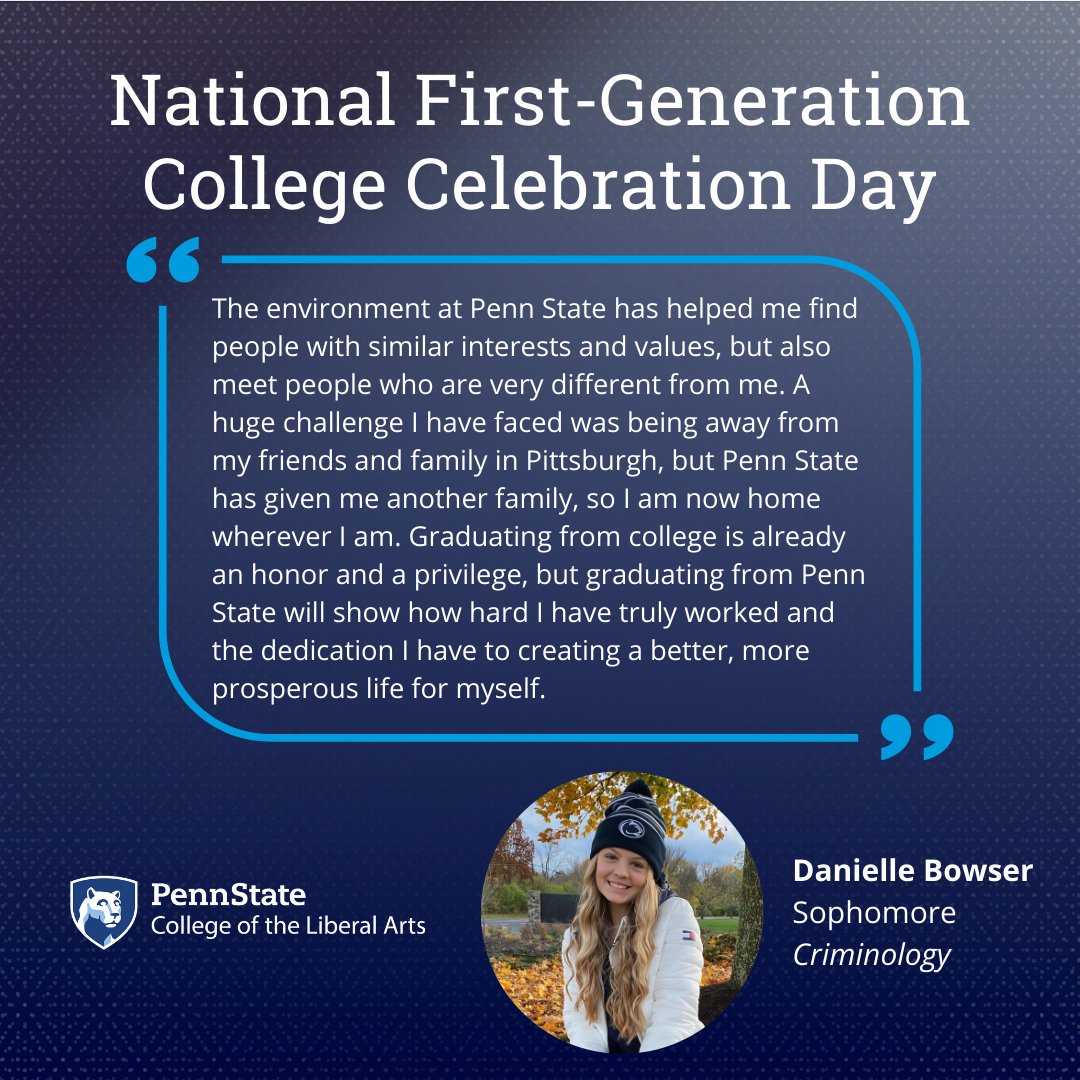 PSULiberalArts's tweet photo. Meet @penn_state Liberal Arts first-gen students Danielle Bowser, Nikki Klingler, Nick Miller, and Najee Rodriguez! #WeAreFirstGen #CelebrateFirstGen #PennState https://t.co/wdTVFCP6bm