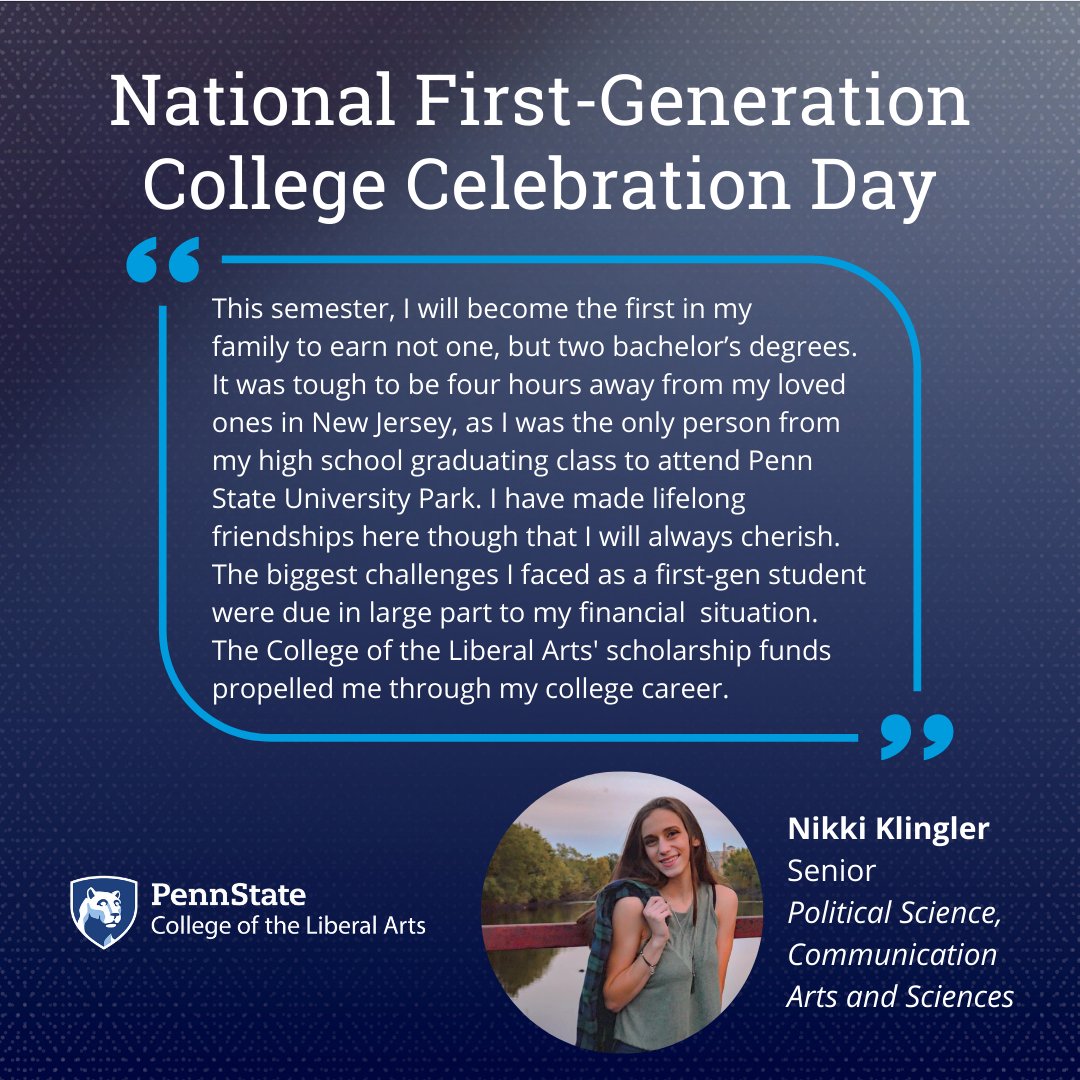PSULiberalArts's tweet photo. Meet @penn_state Liberal Arts first-gen students Danielle Bowser, Nikki Klingler, Nick Miller, and Najee Rodriguez! #WeAreFirstGen #CelebrateFirstGen #PennState https://t.co/wdTVFCP6bm