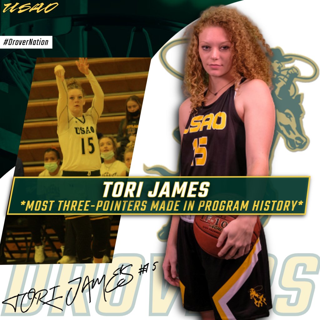 DroverAthletics's tweet photo. #ICYMI Tori James set the new USAO W🏀 program-record for the most 3-pointers made in a career, with 1⃣5⃣1⃣ deep balls!
In her career, James has scored 553 points, and owns a .352 shooting percentage from beyond the arc🔥
#DroverNation🐎
#BleedGreen https://t.co/dVSbirDe5R