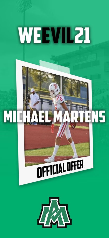 michael5martens's tweet photo. Proud to receive my second offer to play college football!! Go Weevils!!💚🖤 @CoachLusby @coachjweevils @WeevilFootball https://t.co/SNHkUtiM2q
