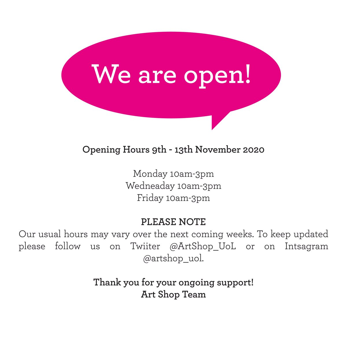 *Opening hours 9th- 13th Nov*
Mon 10am-3pm
Weds 10am-3pm
Fri 10am-3pm