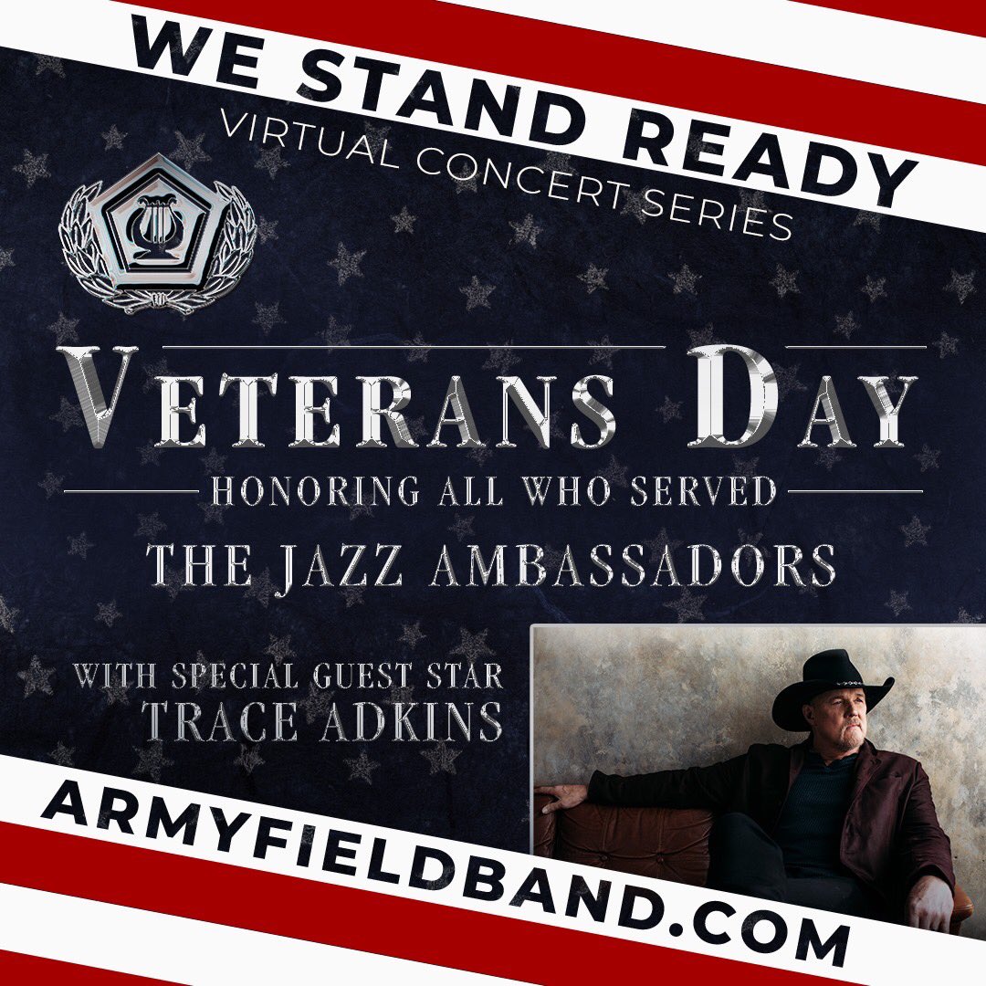 TraceAdkins's tweet photo. Join Trace Adkins in giving a special thank you to all our Veterans. Let's all show our appreciation for our vets and their families as members of the US Army Field Band play a medley of the five service songs.

Watch here tonight: 
https://t.co/RoTlkmCeZ5 https://t.co/oprg6Kr4QO