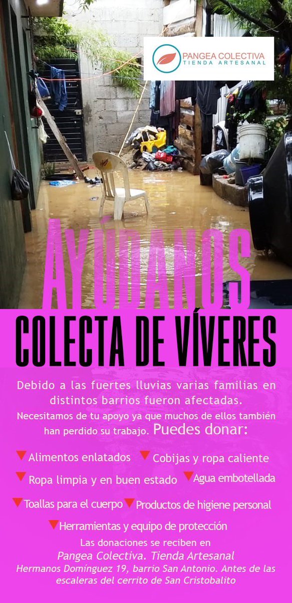 Centros de acopio en San Cristobal de las Casas.

📍Prol. Benito Juárez 11
📍Casa parroquial de San Ramón (de 10 a 18 hrs)
📍Espacio cultural “El Paliacate”
📍Tienda artesanal “Pangea Colectiva”

✅Víveres 
✅Ropa
✅Artículos de higiene
✅Herramientas y equipo de protección
