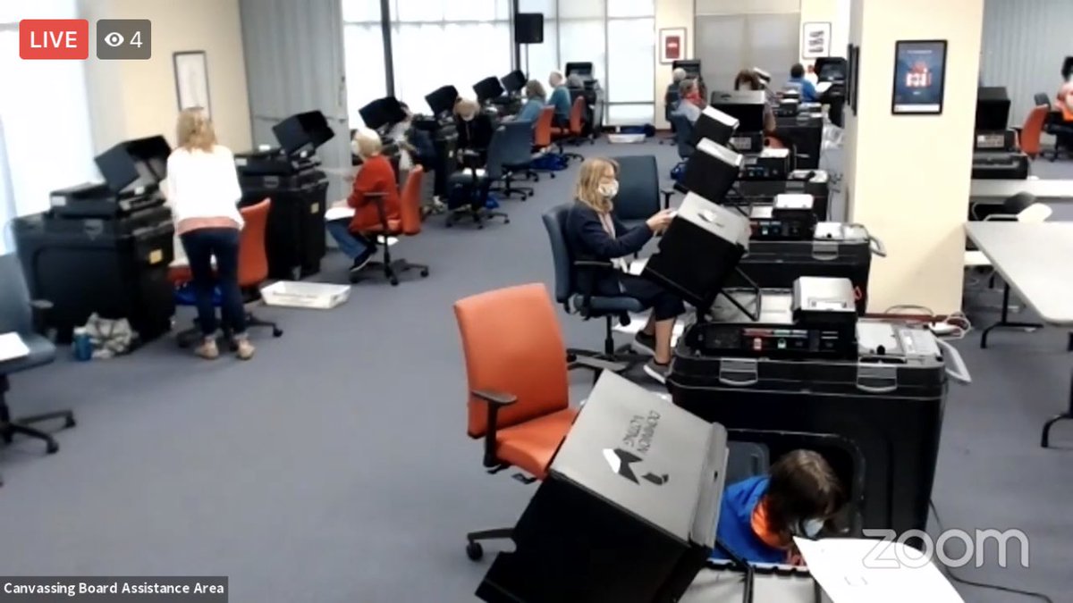 SarahMandile's tweet photo. Alachua County Supervisor of elections is currently live-streaming the County Growth Management Area Amendment recount on their Facebook page. 

The feed has been streaming for about 3 hours and 45 min and shows masked workers running ballots through counting machines
@WUFTNews https://t.co/Ld0K1ueh37