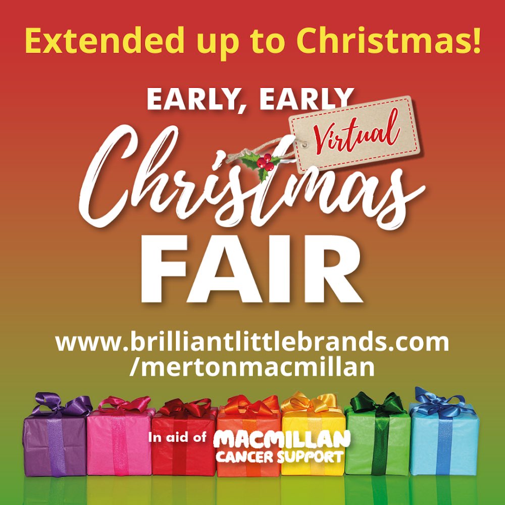 MertonMacmillan's tweet photo. We have exciting news: the Early Early Christmas Fair has been extended and is now open until 24th December.  
We have more stalls for you to shop at too!
With just 6 1/2 weeks to go we’re delighted to be able to help with your Christmas shopping. 
https://t.co/buBzmKHrBP https://t.co/h1CYSBWLHl