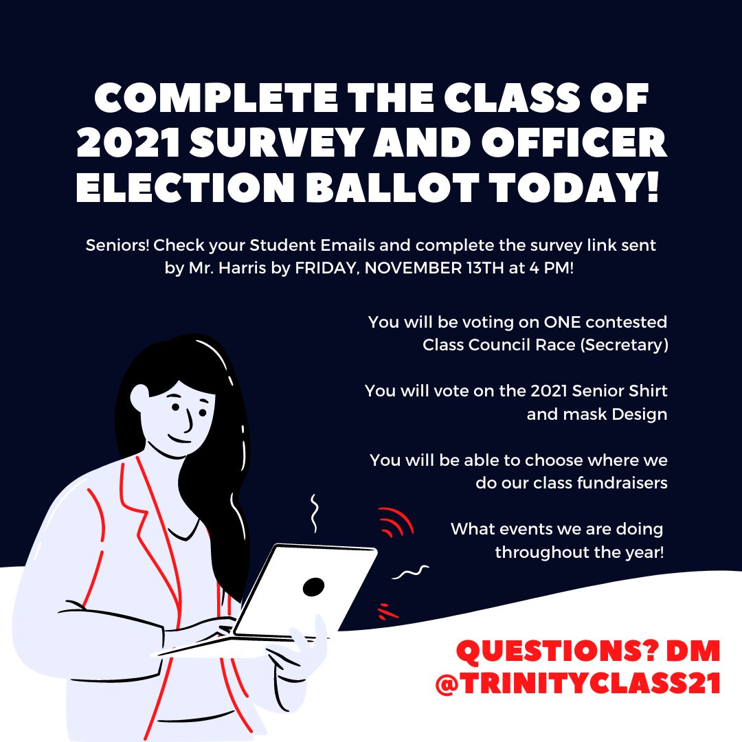 trinityclass21's tweet photo. Alrighty Seniors, it’s time to #VOTE on some important Class Council decisions! We can’t wait to see what decisions y’all make :) https://t.co/UaqLqZEKdZ