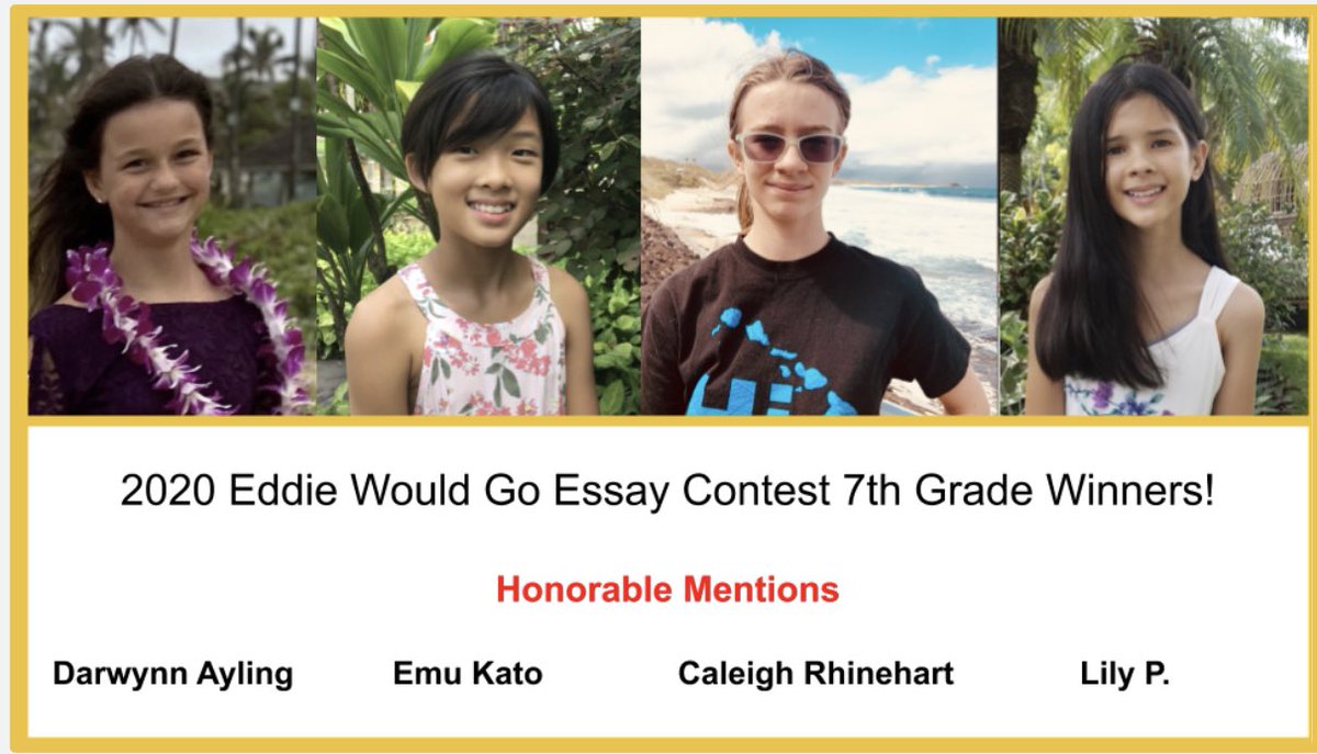 jill_laboy's tweet photo. Kailua Intermediate swept the 7th grade awards for the Eddie Would Go Essay Contest! Way to go Jr. Surfriders! 💙💛 #jrsurfriderpride #808HIDOE https://t.co/iH7wtlYnBN