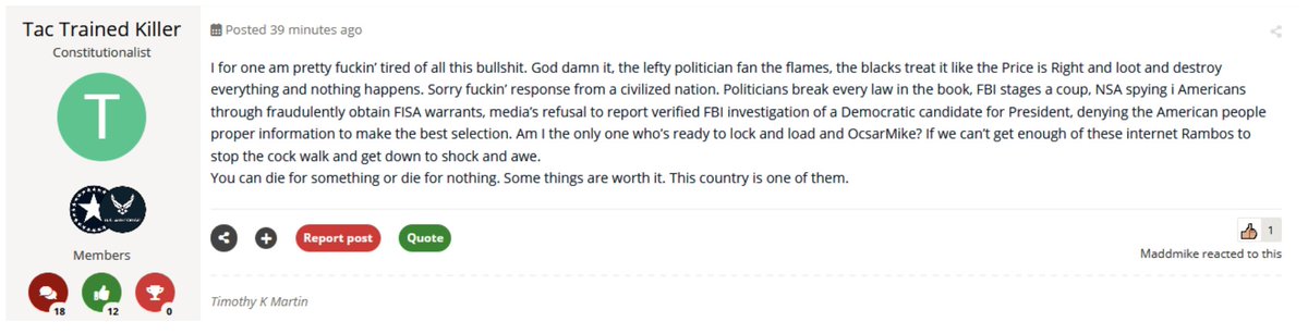 timothy is a 100% disabled veteran (at least according to the application he filed to not pay property taxes on his half million dollar home), so he doesn't work, which means he has a lot of spare time to try to incite others to violence online.