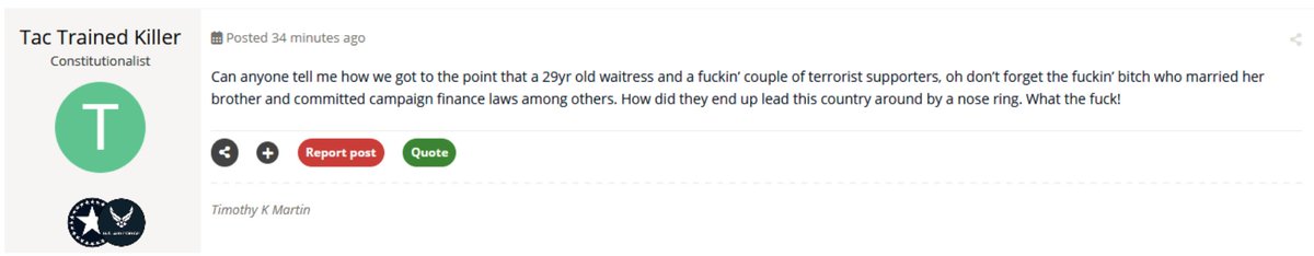 timothy is a 100% disabled veteran (at least according to the application he filed to not pay property taxes on his half million dollar home), so he doesn't work, which means he has a lot of spare time to try to incite others to violence online.