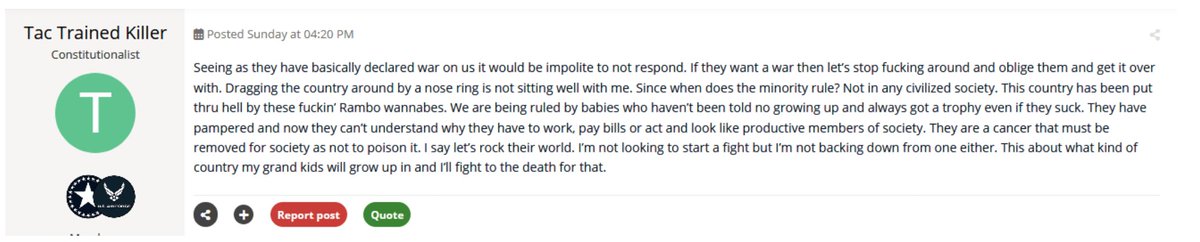 timothy is a 100% disabled veteran (at least according to the application he filed to not pay property taxes on his half million dollar home), so he doesn't work, which means he has a lot of spare time to try to incite others to violence online.