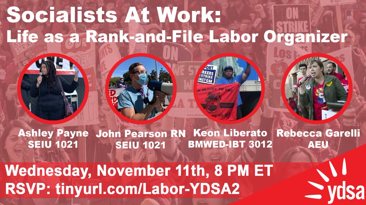 YDSA_'s tweet photo. This Wednesday at 8PM ET, join four incredible rank-and-file labor organizers &amp; DSA members for a panel on how YDSA members can engage strategically with the labor movement &amp; pursue the socialist struggle beyond our time as students!

RSVP: https://t.co/AORD55bZ8q https://t.co/pG08iR2PRA