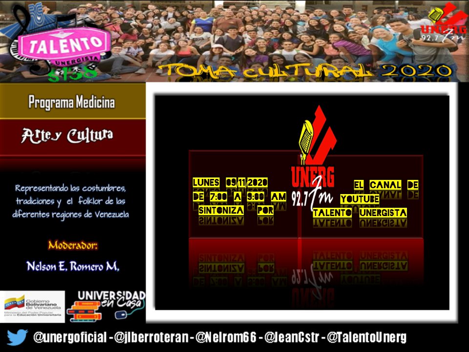 TalentoUnerg's tweet photo. #UNERG Programa Radial Talento Unergista.
Antesala a la Toma Cultural 2020 
Programa de Medicina - Arte y Cultura S138
#8Nov #UniversidadenCasa 
@OficialUnerg @jlberroteran @nelrom66 @JeanCstr @Unerg92sieteFM https://t.co/Ld147tknl2